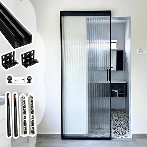 Xyrona Kit Puerta Corredera Riel Invisible de Alta Resistencia para Puertas con Espejo, Kit de Herrajes Invisibles con Ruedas para Puertas Correderas, Guías de Cierre Suave(0.8m/2.6 ft)
