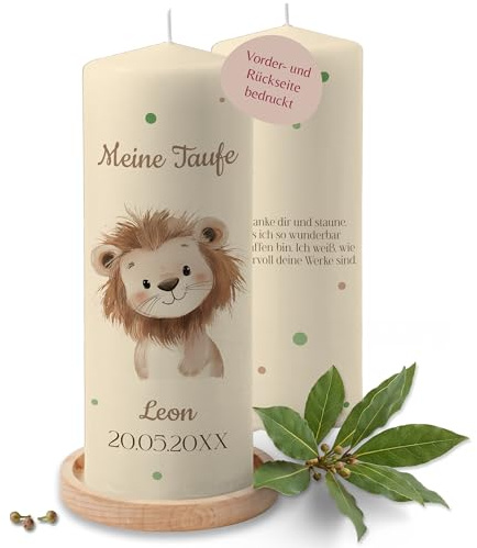 Taufkerze - Taufe - Löwe mit Name Datum Wunschtext - personalisierte Taufgeschenke für Mädchen und Jungen - 230/78 mm - Elfenbein