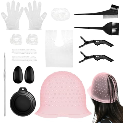FICOFISE 12 Piezas Gorro Mechas con Agujeros, Gorro para Mechas de Silicona con Pincel y Aguja, Gorro de Tinte Profesional para el Cabello, para Mujeres y Niñas en Salón (Rosa)