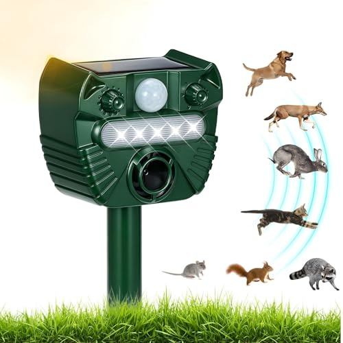 Repulsif Chat Exterieur, Solaire Répulsif Chat Ultrason Répulsif Chat avec Détecteur, Flash, Piquet de Sol Effaroucheur Étanchéité IP45 avec 5 Modes pour Jardin Chien Souris