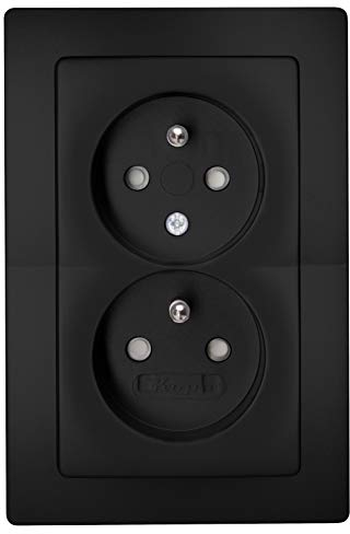 Kopp Paris Mittenschutzkontakt-Steckdose, 2-fach, mit Berührungsschutz, Komplettgerät für den Einbau in eine 1-fach Schalterdose Ø 60mm, 16A, 250V~, IP20, schwarz, matte Oberfläche, 944650088