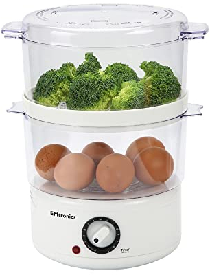 EMtronics 2-Tier Food, Meat & Vegetable Steamer with 60 Minute Timer, 4 litres - White