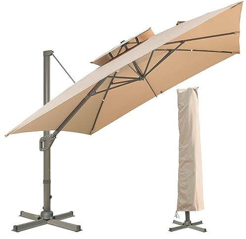 LKINBO Sonnenschirm Groß mit Ständer Ampelschirm 300 x 300 cm, Khaki | Sonnenschirm Rechteckig mit Kurbel Terrassenschirm 360° Rotation Parasol Windfest Gartenschirm Sturmfest Sonnenschirme