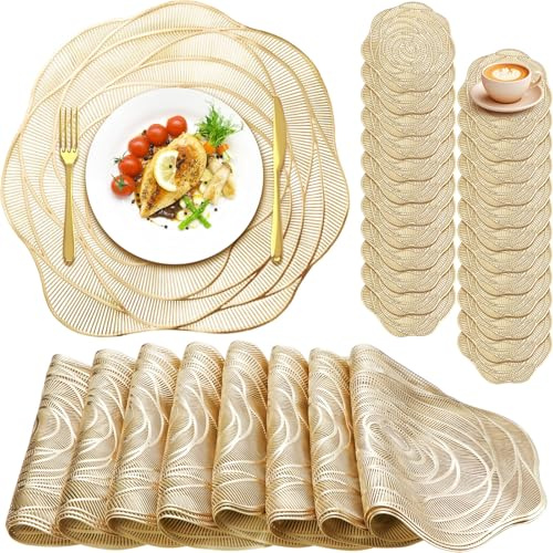 Sieral 24 Set 15 Inch Round Pressed Vinyl Placemats Hollow Out Rose Placemat Set Metallic Slip Resistant Place Mat Coaster Including Place Mats and Coasters for Wedding Dining Kitchen (Gold)