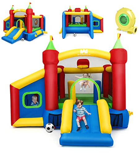 DREAMADE Château Gonflable, Aire de Jeux Gonflable Extérieur Polyvalent avec 100 Boules Océaniques, Basket-Ball en PVC, Foot-Ball, 3 Balles de Cible 380 x 305 x 215 CM(avec Gonfleur 450W)