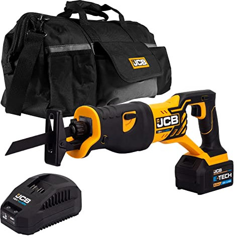 JCB 18v Cordless Reciprocating Saw, 5.0Ah Battery, Fast Charger, Variable Speed & Adjustable Position Foot Plate, Tool-Free Blade Changing, 20 Power Tool Kit Bag, 3 Year Warranty
