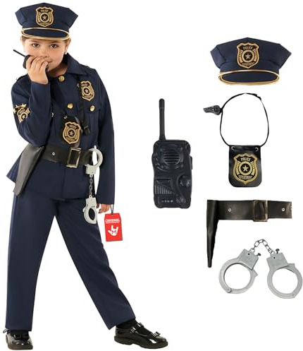 Morph Polizei Kostüm Kinder, Halloween Kostüm Jungen | Oberteil, Hose, Gürtel, Kappe & Handschellen, Marineblaues Design, Perfekt für Halloween, Ideal für Rollenspiele