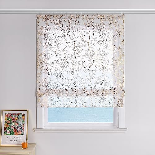 ESLIR Raffrollo mit Klettschiene Gardinen Küche Weiß Raffgardinen mit Klettband Transparent Bändchenrollo Modern Vorhänge Wohnzimmer Gold BxH 80x140cm 1 Stück