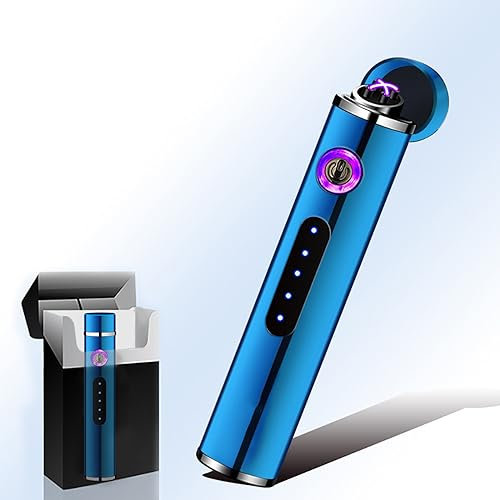 TIKIUKI Accendino ad arco, elettrico, ricaricabile, antivento, al plasma, con display a LED, ideale per candele, incenso, campeggio, escursionismo, avventura (blu)