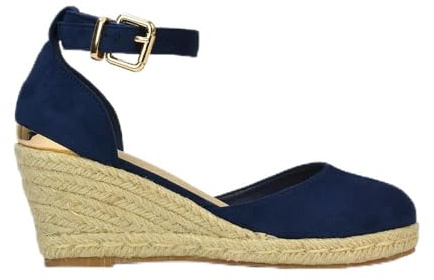 ESSEX GLAM Womens Mid Wedge Heel Platform Sandals Ladies Ankle Strap Platform Navy Espadrille Shoes Size 5