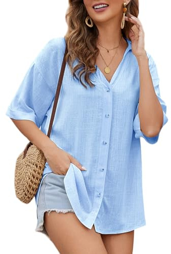 Niwicee Blusa da Donna in Lino Camicetta da Donna, Elegante Casual Camicia con Scollo a V con Bottoni Casual, da Ufficio, da Lavoro T-Shirt Estivo per Ragazze e Donna-Blu-M