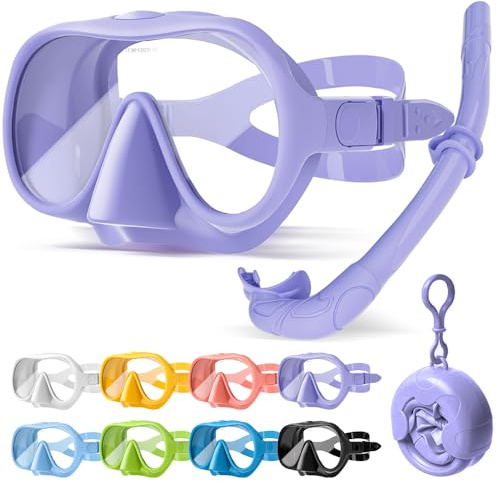 HINATAA Schnorchelset Erwachsene, Macaron Rahmenlose Taucherbrille, 180° Ultra Weitsicht Anti Nebel Schnorchelmaske, Anti-Leck Professionelles Tauchmaske, Schwimmbrille Frauen Männer (Lila Set)