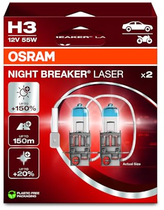 Osram NIGHT BREAKER LASER H3, +150% mehr Helligkeit, Halogen-Scheinwerferlampe, 64151NL-2HB, 12V PKW, Hängebox (2 Lampen)