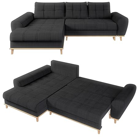 luma-Home 21012/ Ecksofa im Scandi-Stil mit Schlaffunktion, Anthrazit | B268/T175/H86 cm, Ottomane links, mit Bettkasten, Füße und umlaufender Blende aus Massivholz, weicher Bouclé-Chenille-Stoff
