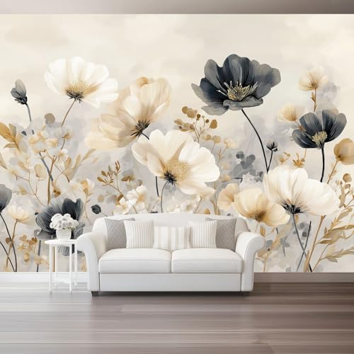 Papier Peint Panoramique Rétro Beige Coquelicot Tige 3D Mural Design, Tapisserie Photo Géante Pour Salon Décoration Murale Xxl Intissée, Paysage Moderne 350 X 256 Cm