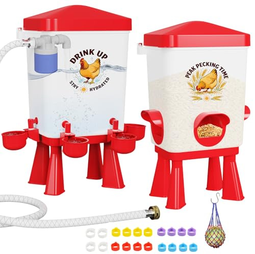 Automatischer Futterautomat Hühner 12KG & Hühnertränke 11.4L mit Schwimmerventil, Geflügeltränke, 4 Näpfe, 3 Anschlüsse, Wassertränke Futterspender Hühner, Zubehör für Stall, Tauben, Wachteln (Rot)
