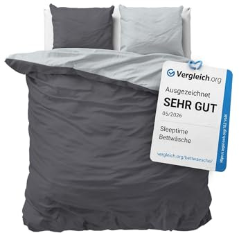 Sleeptime Parure de lit 200 x 220 cm - 100% Coton - Gris/Anthracite - Housse de Couette 2 Personnes Douce Sans Repassage Fermeture Boutonnée - Linge de Lits Bicolore avec 2 Taies d'Oreiller 60 x 70 cm
