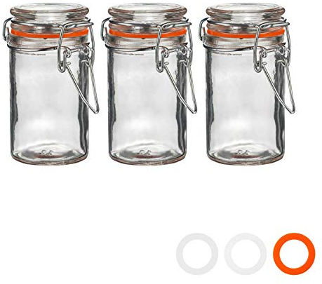 Argon Tableware Glass Spice Jars with Airtight Metal Clip Lid - 70ml/2.5oz - 3 Pack - 4 Colour Seals - Small Kitchen Storage Container Round Preserving Jar for Spice, Seasoning