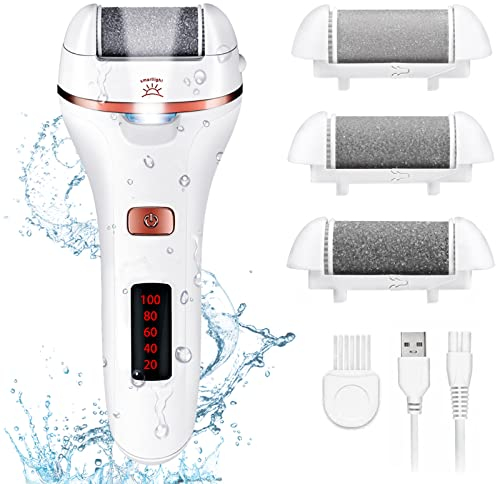 Hornhautentferner Elektrisch, Aottom Wasserdicht Elektrischer Fußfeilen-Entferner Wiederaufladbare Pediküre Werkzeuge Abgestorbener Professioneller Hautentferner für die Fußpflege Mit 3 Rollenköpfen