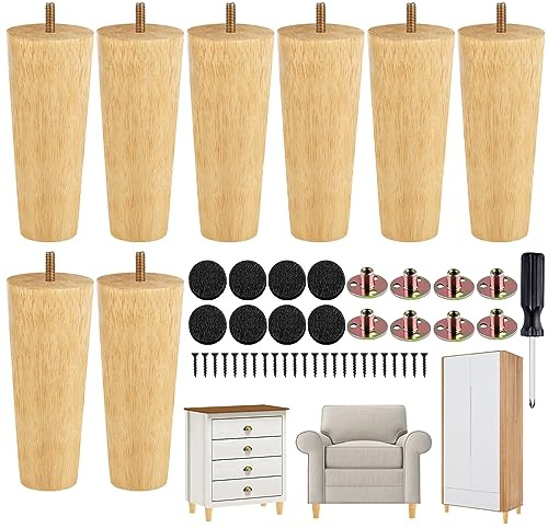 TURSTIN 8 Pieces Furniture Legs 6 Inches Round Solid Wood Furniture Feet with M8 T-Nuts Couch Legs Sofa Leg Replacement Leg for Armchair, Cabinet, Chair, Dresser or Home DIY Projects, Natural Wood