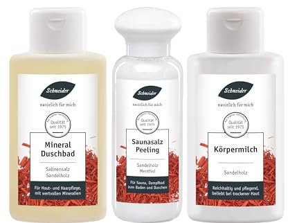 Saunabedarf Schneider – Paket Sandelholz – Set aus Salinensalz-Duschbad, Körpermilch, Saunasalz, pflegend
