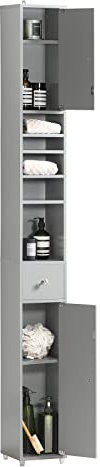 SoBuy Badzimmerschrank Schmal – Badezimmer Hochschrank aus Holz mit verstellbaren Einlegeböden - Wasserabweisender Badschrank - platzsparendes Badmöbel, Hellgrau, 20x180x20cm, BZR34-II-HG