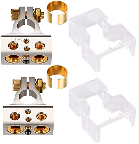 HUAZIZ Kit Connettori Terminali per Batterie Autoargento,2/4/8/10AWG Sezione Positivo e Negativo Della Batteria Terminale Morsetto e Spessori (coppia) +/- Batteria Terminali per Barca, Caravan 2Pz