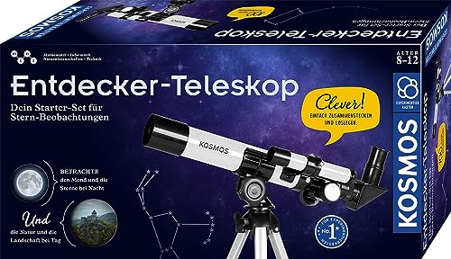 KOSMOS 676889 Entdecker-Teleskop, Starter-Set für Einsteiger und Kinder ab 8 Jahre, 2 Okulare für 20-fache od. 100-fache Vergrößerung, tragbares Reise-Teleskop, Experimentierkasten, Astronomie, Mint