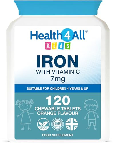 Health4All Kids Iron 120 Chewable Tablets 4 Months Supply, Vegan Sugar-Free Iron Supplement for Children 4+ Supports Learning, Growth & Immune System, Natural Orange Flavour, Made in UK (not Gummies)