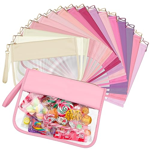 Irenare 16 Pcs Clear Makeup Bag Toiletry Flat Zipper Pouch Preppy Waterproof Clear Cosmetic PVC Pouch with Wristlet Toiletry DIY Chenille Letter Snack Bag for Women, Macaron Pink, Common