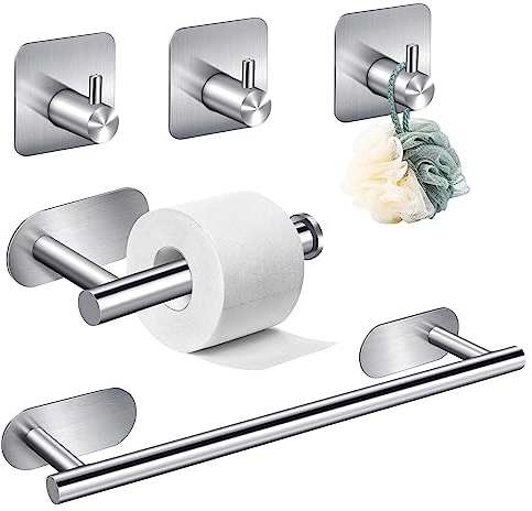 YUNYODA Juego de Toalleros de Baño sin Taladro, 5PCS Juego de Accesorios de Baño de Acero Inoxidable 304, Toalleros de Baño de Pared, Gancho para Bata, Colgador Toalla Baño Juego, 40cm, Plata