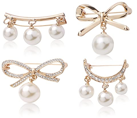 Brosche Damen, 4 Stück Perlen brosche Pins Strass Brustnadel Legierung Broschenstifte Pullover Sicherheitsnadeln Brustnadel Kragen Schal Hut Clip Broschen für Strickjacken Kleider (Gold)