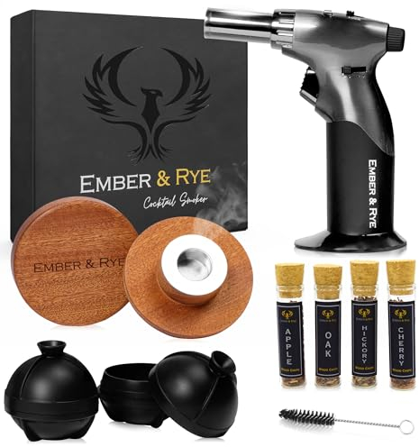 Cocktail Smoker Kit – Whiskey Smoker Kit mit Taschenlampe und 4 Sorten von Holzchips für Bourbon Smoker Kit mit Taschenlampe (kein Butan) – Whiskey Smoker Set mit 2 Eisformen