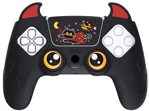 playvital Cute Demon Controller Silicone Case for ps5, Kawaii Controller Cover Gamepad Skin Protector for ps5 with Touch Pad Sticker & Thumb Grip Caps - Black
