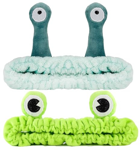 AOOTUERL 2 Pcs Divertida Banda para el Cabello para niñas Mujeres, Maquillaje Limpieza Facial Spa Lavado Ducha Yoga Cuidado de la Piel，con ojos de rana y Caracol Maquillaje Diademas