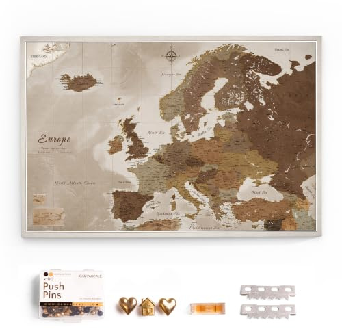 Canvas Europakarte mit Pinnwand Kork zum Pinnen der Reiseziele - Wanddeko für Jeden Raum - Hochwertige Leinwand Bilder mit Europakarte (150x100 cm, Muster 17)