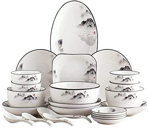 Geschirr-Set, luxuriöses Tafelservice-Set für Familien, Porzellan-Geschirr-Set – Speisegeschirr-Set, 60-teiliges Geschirr-Set, Porzellan-Set im chinesischen Stil, Geschirr-Set, Teller/Schüsseln/Löffe
