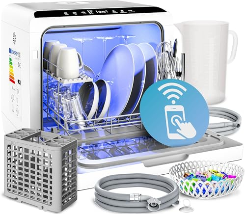 MONZANA® Tischspülmaschine ohne Wasseranschluss App Funktion sparsamer Verbrauch 4,5L 6 Programme 4 Gedecke 45cm Mini Geschirrspüler Spülmaschine Weiß