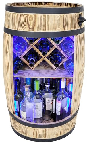 weeco Komodenschrank Holz Fass fur Wohnzimmer mit LED RGB Leuchten und Weinhalter - Weinregal Getränkeschrank - Fass für Gin Whisky Bier Gläser und Flaschen 80x50cm