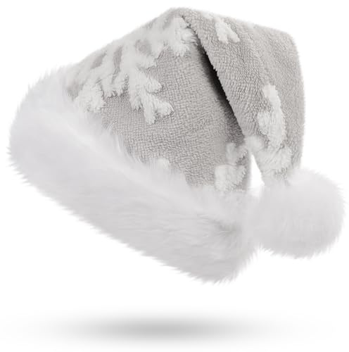 CITÉTOILE Gorra de Navidad Neutral para adultos, Decoración Navideña de Terciopelo de Lujo, Gorra de Papá Noel con Patrón de Copos de Nieve para Fiestas de Halloween, Gris