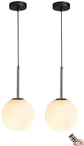Iluminación Colgante inalámbrica con Pilas con Bombilla Recargable USB y Mando a Distancia, lámpara Colgante de Mediados de Siglo no Cableada con Pantalla de Globo de Cristal Blanco, para Cocina, is