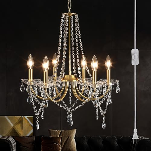 Plug in Gold Crystal Chandelier Lighting with Long Cord, 6-Light Modern Plug Chandelier Crystal Plug in Pendant Light, Classic Hanging Light Fixture for Dining Room Bedroom Living Room Kitchen Closet
