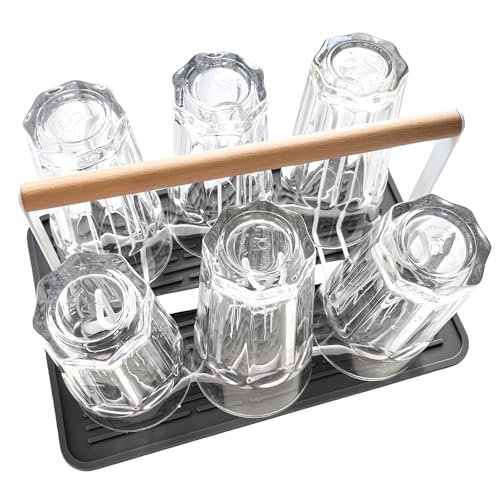 HAOYIJIA Estante de secado de tazas, estante antideslizante para vasos de cerveza con mango de madera, organizador de tazas de metal con bandeja de drenaje extraíble, escurridor de botellas con 6