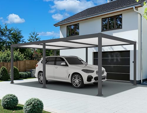 PURPLE LEAF Pergola 3.45 x 6.23 m Wasserdicht Stabil Winterfest Alu Pergola mit Lamellendach Terrassenüberdachung mit Verstellbaren Alu-Lamellen für Carport, Grauer Rahmen und Weißes Dach