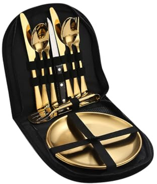 Camping Cutlery Set with Case, Portable Food-Grade Stainless Steel Picnic Utensils with Spoons Forks Plate, Ideal for Road Trips, Picnics, and Camping Adventures (Double-Gold)