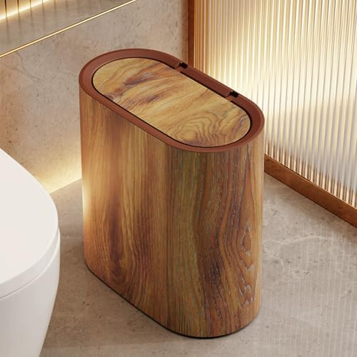 12L Bathroom Bin with lid,Push Button Plastic Bins for Toilet Bin,Kitchen Bins,Bedroom,Office,Living Room,Dog Proof(Brown)