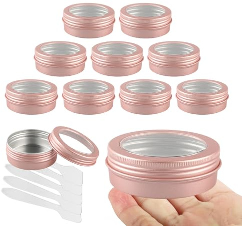 10 Pcs 60ml Rose Pink Round Aluminium Tin, LusDoly Aluminum Tins with Screw Lids Clear Window, Aluminum Tin Cans, Lip Balm Tins, Small Metal Tins Pots Container for Candle Salves Cream