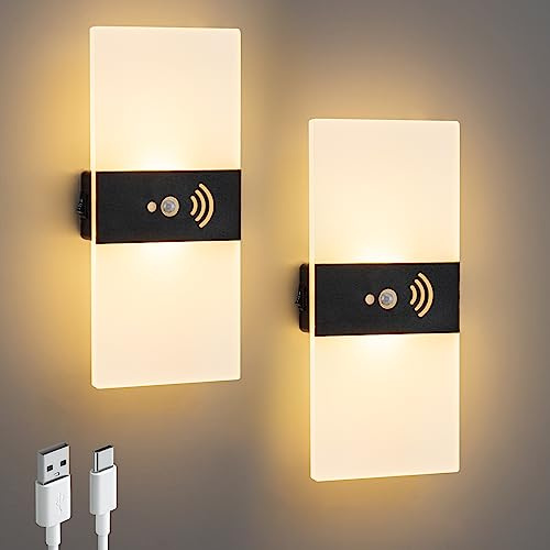 KwatTsz 2Pcs Motion Sensor Wall Lights, 4000mAh Rechargeable Battery Wall Sconces, Modern Indoor Dimmable Wall Lamp for Living Room, Bedroom, Hallway, Corridor, Stair, Magnetic Installation