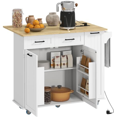 HOMCOM Mobile Kücheninsel mit Steckdose und USB-Anschluss, Weiß | Küchenwagen mit Rollen, Klapptisch, 2 Schubladen, 2 Schränke, verstellbares Regal, Gewürz- und Handtuchhalter
