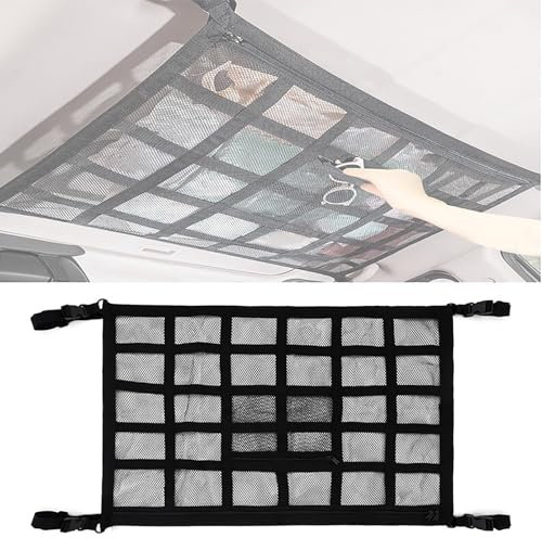Car Ceiling Cargo Pocket Storage Net for Tesla Model 3 Model X Model Y Model S, Car Storage Organiser Adjustable Elastic, Double-Layer Mesh Car Roof Cargo Net Mesh Bag,C 90x65cm